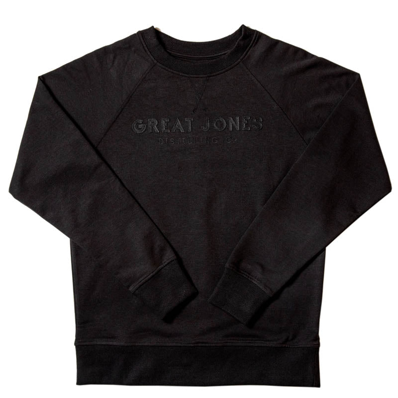 Flatlay of Great Jones Distilling Co. Black on Black Sweatshirt on white background