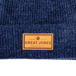 Closeup of leather Great Jones logo patch