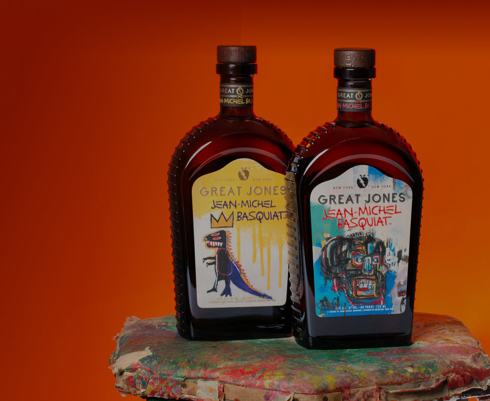 Great Jones & Jean Michel Basquiat Bottles on Wood Table
