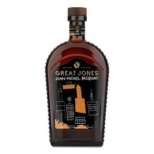 
                  
                    Front label of Great Jones x Jean-Michel Basquiat Empire Edition Straight Bourbon adorned with Basquiat's Mecca, 1982 artwork
                  
                