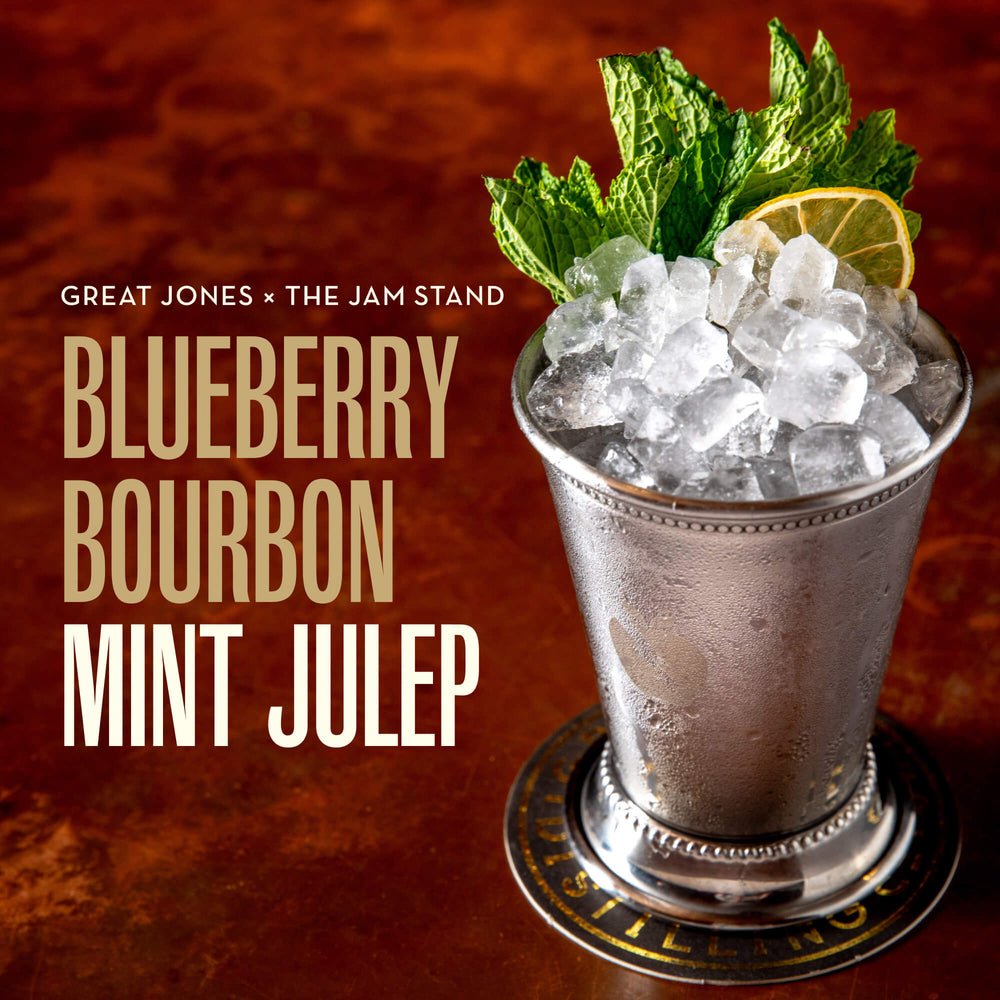 
                  
                    Blueberry Bourbon Mint Julep made with muddled mint leaves, Great Jones Straight Bourbon, The Jam Stand Blueberry Bourbon Jam, lemon juice, and simple syrup.
                  
                