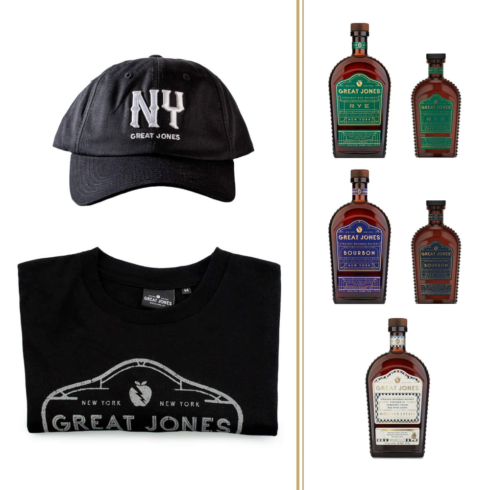 Black NY Hat with Great Jones Heavy Weight GJD Label Tee and your choice of Great Jones x Wölffer Estate Cask Finished Bourbon Great Jones Rye Whiskey 375ml or 750ml, or Great Jones Straight Bourbon 375ml or 750ml.