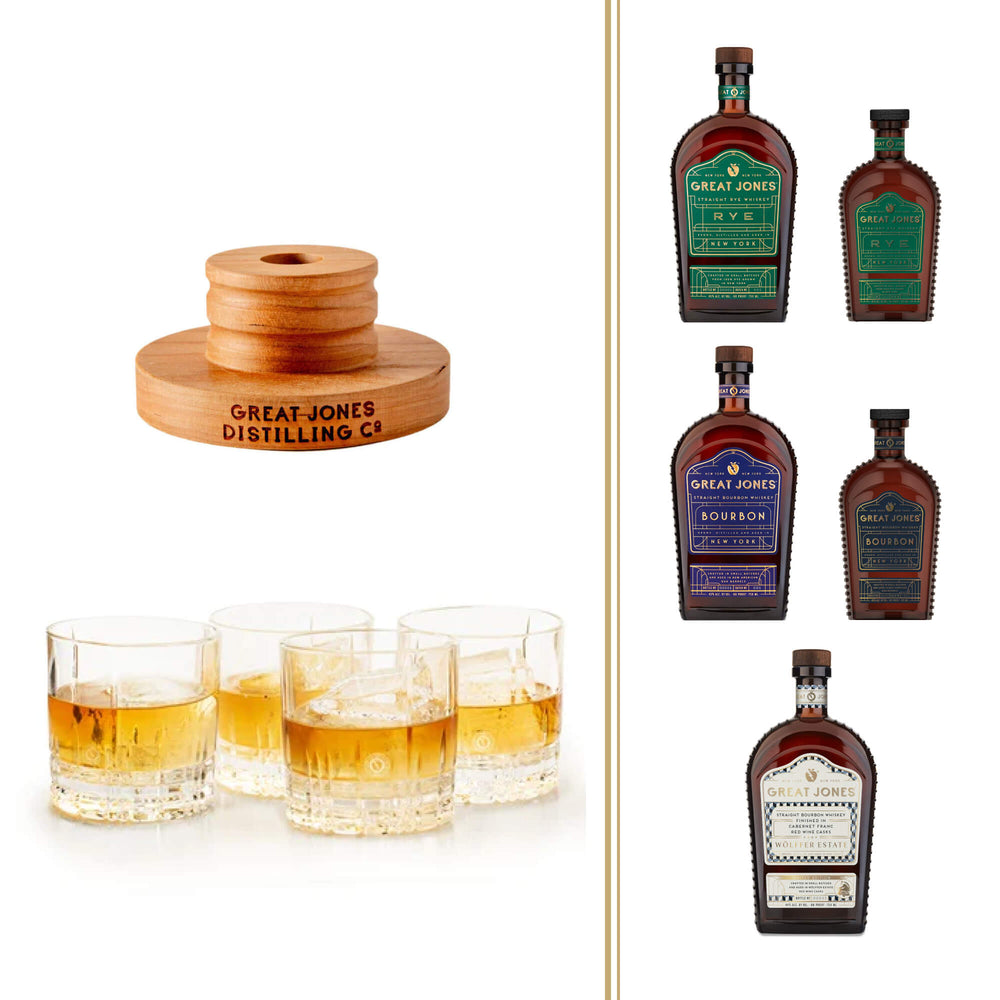 GJD Smoke Top, Crystal Rocks Glass (Set of Four), and your choice of Great Jones x Wölffer Estate Cask Finished Bourbon Great Jones Rye Whiskey 375ml or 750ml, or Great Jones Straight Bourbon 375ml or 750ml.