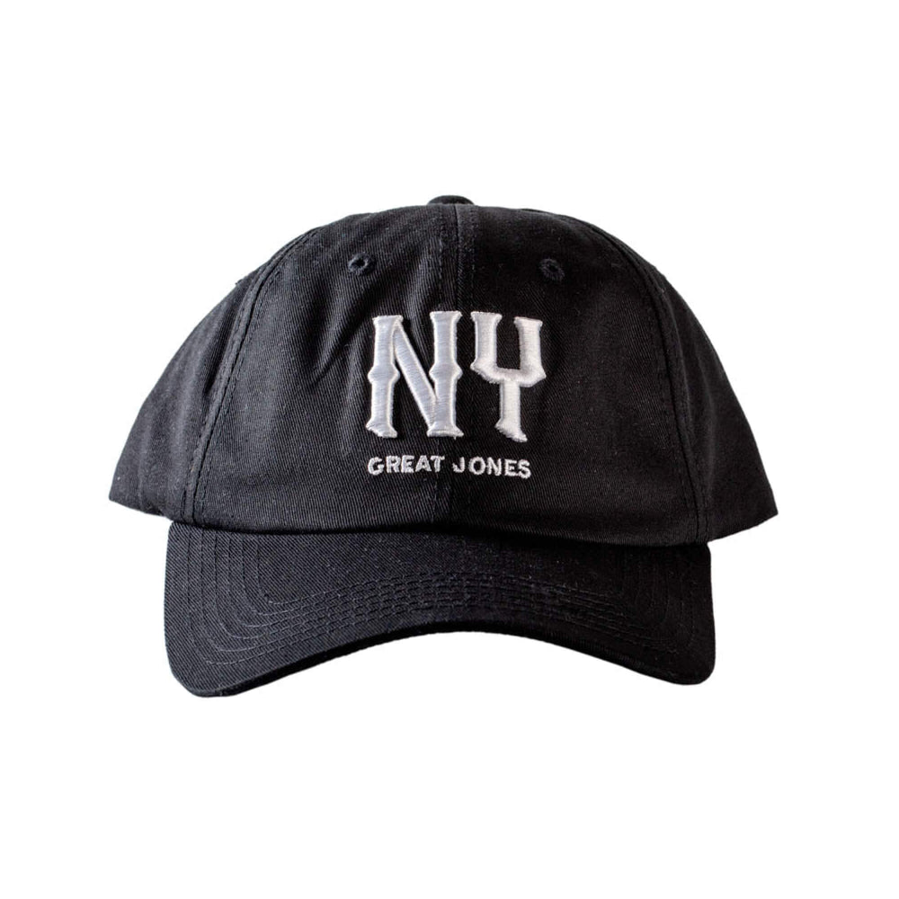 
                  
                    Black Hat with NY Great Jones in white embroidery on the front panel
                  
                