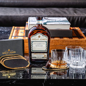 
                  
                    Great Jones Wölffer Estste Cask Finished Bourbon with Crystal Rocks Glass (set of 4) and Brass Coasters (Set of 4)
                  
                